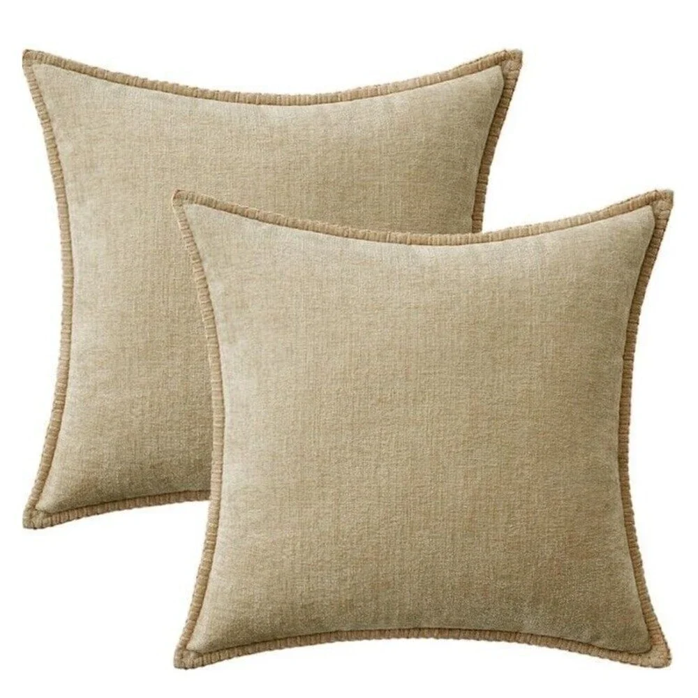 Set Of 2 Chenille Stitched Edge Soft Throw Pillow Covers Beige 18x18in Spring